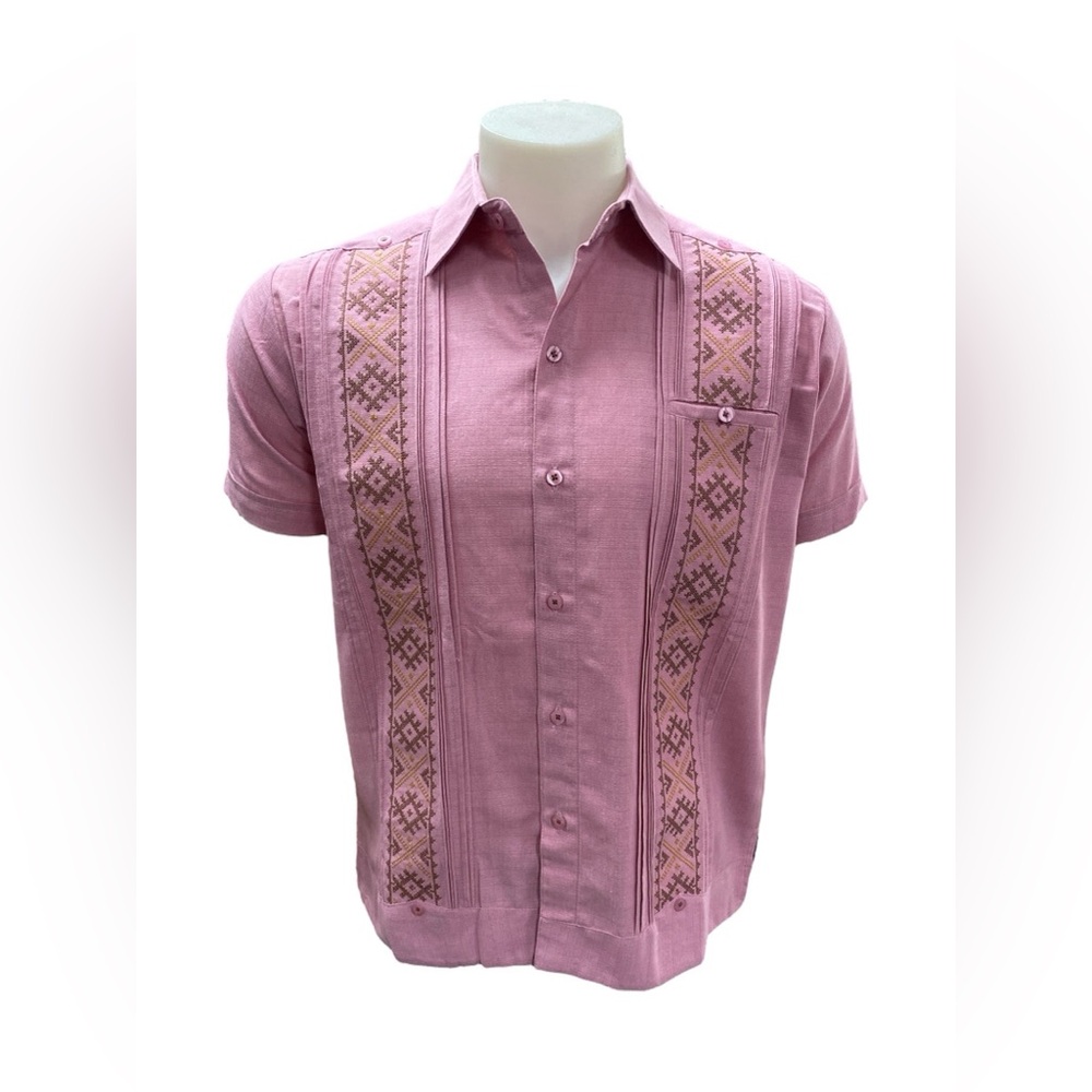 Men’s Linen Pink Guayabera with Gold-Copper Embroidery Short Sleeve